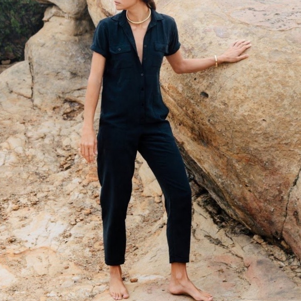 Ozma black short sleeve silk linen painter’s jumpsuit M made in California USA